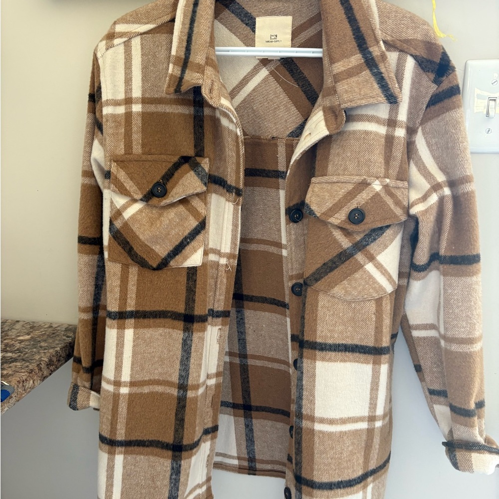 Thread & Supply Tan and Cream Plaid Utility Jacket